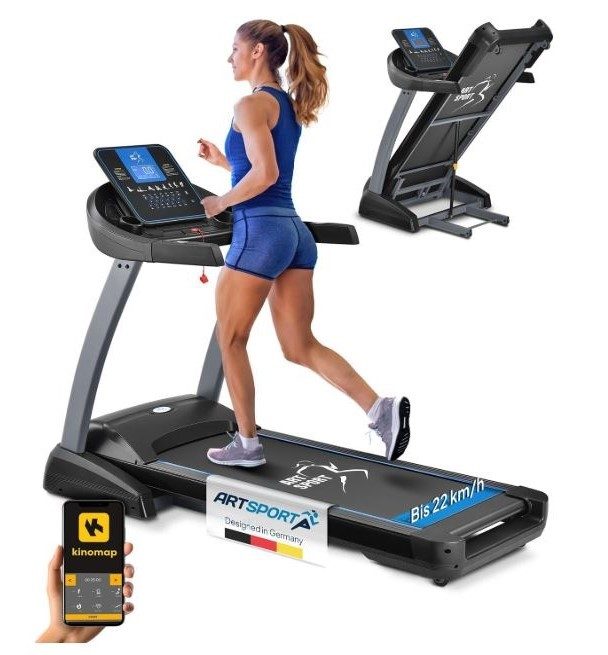 Tapis de course ArtSport, 
jusqu'à 22mk/h, inclinable,52 cm de largeur, grand écran, pliable. 